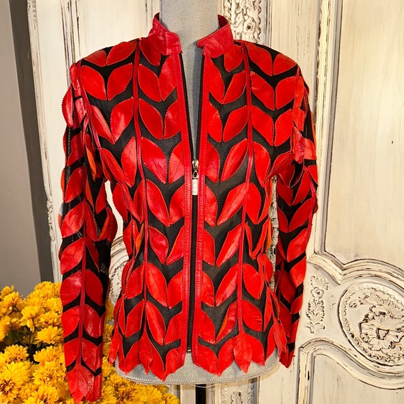Jackets & Coats | Genuine Red Leather 3d Leaf Pattern Womens Front Zip ...
